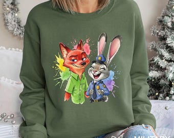 Disney Zootopia Characters Sweatshirt, Nick Wilde Judy Hopps Hoodie, Family Trip Watercolor Crewneck 474171