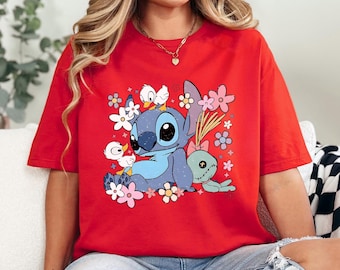 Stitch Floral Disney Lilo Vacation Trip Tee Cute Hawaiian Cartoon Gift Summer Unisex 473322