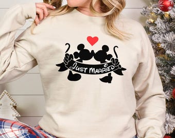 Sudadera de Mickey y Minnie "Just Married" con capucha a juego para parejas de Disney, luna de miel, besos, cuello redondo, vacaciones 473621
