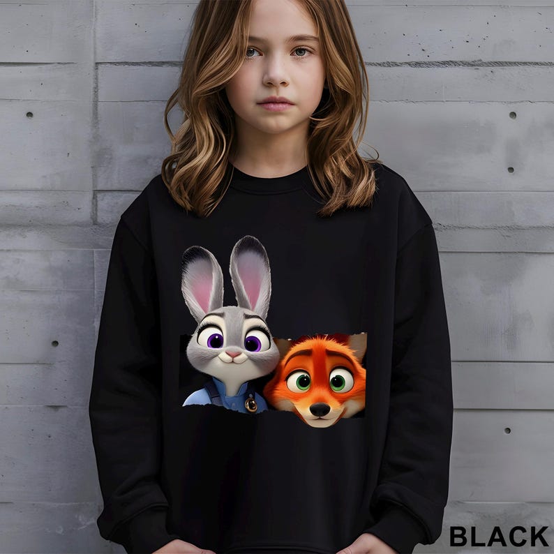 Może przedstawiać: Czarna bluza z ilustracją Judy Hopps, szarego kr&oacute;lika, i Nicka Wilde, pomarańczowego lisa, z filmu Zwierzogr&oacute;d. Słowo "BLACK" jest wydrukowane na dole po prawej stronie na biało. Postacie mają szczeg&oacute;łowe cechy kresk&oacute;wkowe.