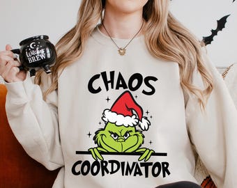 Sudadera Grinch Coordinador del Caos, Sudadera navideña divertida con capucha, Sudadera navideña festiva Grinch de invierno 473937