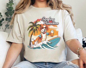 Surfing Paradise Dog Summer Beer Funny Beach Tropical Sunset Puppy Vacation Graphic Tee 475973