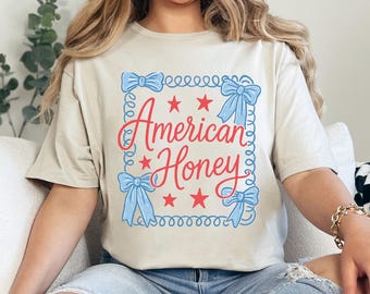 American Honey Shirt, Coquette Patriotic Tee, Girly USA Shirt, Fourth July Outfit, Independence Day Top, Vintage Americana Wear 475669