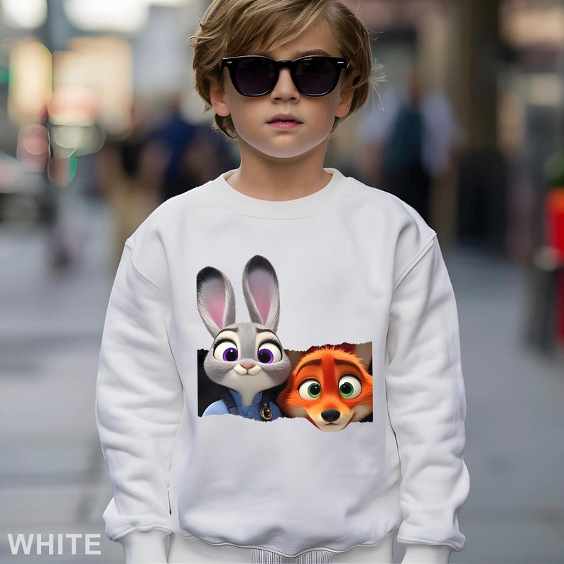 Może przedstawiać: Biała bluza z grafiką Judy Hopps i Nicka Wilde z Zootopii. Projekt przedstawia postacie wyglądające z efektu podartego papieru. Słowo "WHITE" jest wydrukowane na dole. Bluza jest noszona przez osobę w okularach przeciwsłonecznych.