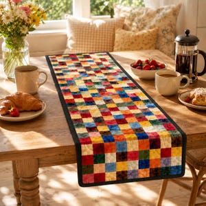 Colorful Patchwork Quilted Table Runner, Rainbow Checker Dining Table Decor, Farmhouse Cottage Table Linen