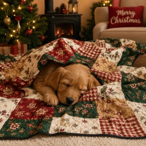 May include: A patchwork quilt featuring a festive holiday pattern with squares of red, dark green, and cream fabric. The quilt displays floral motifs, holly leaves, and a red and white gingham check pattern, with a golden puppy sleeping underneath.