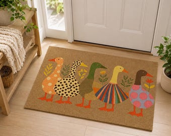 Silly Goose Doormat, Colorful Folk Art Door Mat, Whimsical Farmhouse Welcome Mat, Cottagecore Front Porch Decor
