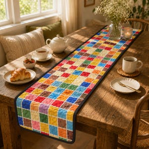 May include: A long, rectangular table runner featuring a vibrant, multi-colored patchwork design of small, quilted squares in shades of red, blue, yellow, green, and orange, finished with a solid black border along the entire outer edge.