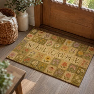 Fußmatte mit Blumenmuster, Patchwork-Fußmatte im Cottagecore-Stil mit Wildblumen, Vintage-Garten-Teppich für den Eingangsbereich