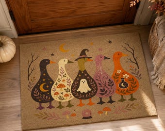 Halloween Silly Goose Doormat, Spooky Season Witch Geese, Cottagecore Fall Porch Decor
