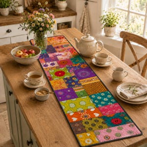 Chemin de table matelassé coloré, Décoration de table bohème florale, Chemin de table champêtre, Décoration de cuisine printemps-été