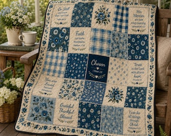 Puede incluir: Una colcha de retazos en tonos azul y crema con patrones florales, cuadros vichy y cuadrados que contienen textos religiosos inspiradores como Be Still, Faith, Chosen y Trust in the Lord with all your heart.