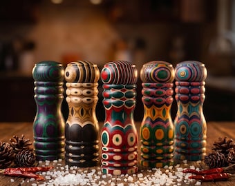 Salt and Pepper Mill Set - Colorgrain Wood Kitchen Seasoning Accessory - BBQ Salt Grinder Gifts - Niche Art Style Kitchen Gift