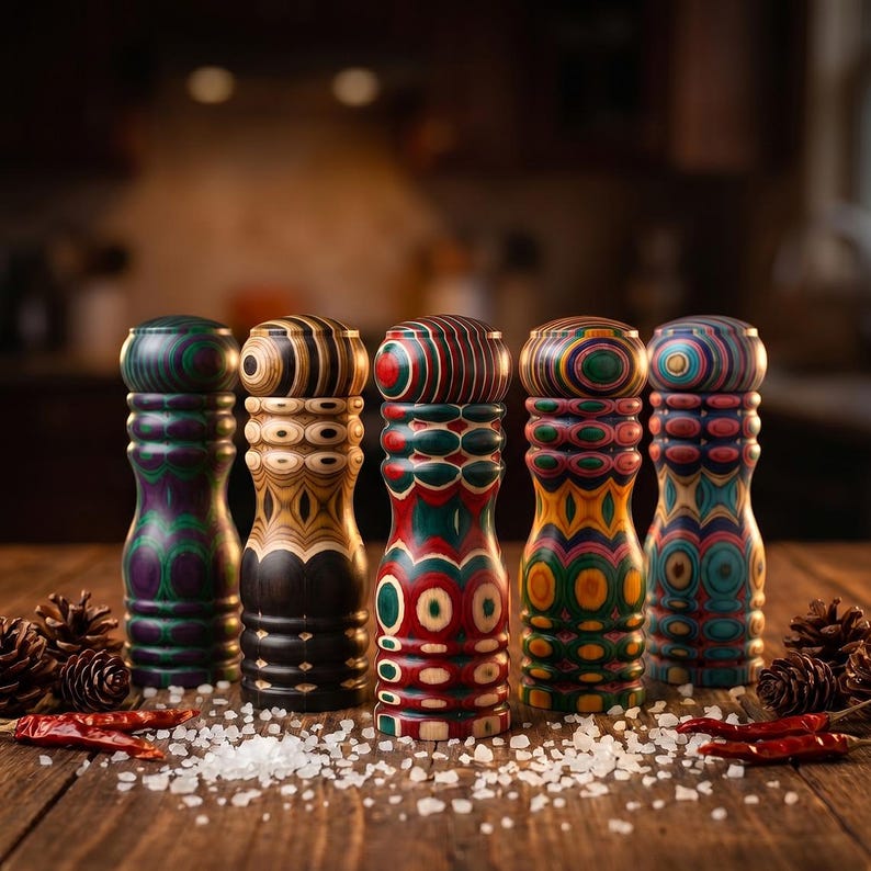 K&ouml;nnte beinhalten: F&uuml;nf farbenfrohe Salz- und Pfefferm&uuml;hlen aus Holz mit aufwendigen Designs. Die M&uuml;hlen weisen eine Vielzahl von Farben auf, darunter Gr&uuml;n, Rot und Gelb, und sind auf einer Holzoberfl&auml;che mit Salz und Chilischoten angeordnet.