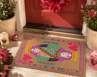 Queen of Hearts Doormat, Playing Card Front Door Mat, Valentine Heart Welcome Mat, Maximalist Entryway Decor Gift