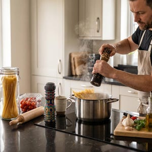 K&ouml;nnte beinhalten: Eine K&uuml;chenszene mit einer Person, die eine Pfefferm&uuml;hle &uuml;ber einem Topf mit Nudeln benutzt. Ein Glas mit Spaghetti, ein Nudelholz und eine dekorative Pfefferm&uuml;hle stehen auf der Theke. Kirschtomaten und eine Tasse sind ebenfalls zu sehen.
