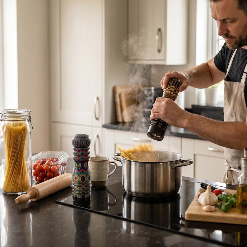 K&ouml;nnte beinhalten: Eine K&uuml;chenszene mit einer Person, die eine Pfefferm&uuml;hle &uuml;ber einem Topf mit Nudeln benutzt. Ein Glas mit Spaghetti, ein Nudelholz und eine dekorative Pfefferm&uuml;hle stehen auf der Theke. Kirschtomaten und eine Tasse sind ebenfalls zu sehen.