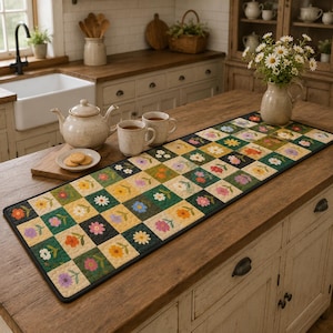 May include: A rectangular quilted table runner featuring a grid pattern of alternating dark green and cream-colored squares. Each square displays a small embroidered flower in various colors including yellow, pink, orange, blue, and white.
