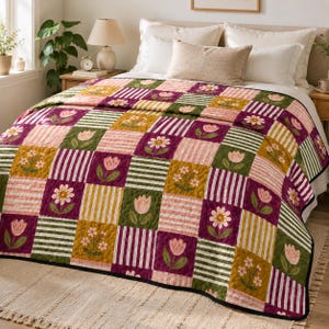 Couvre-lit rétro à motifs floraux (effet patchwork), plaid style « folk art » et « cottagecore », jeté de canapé vintage coloré