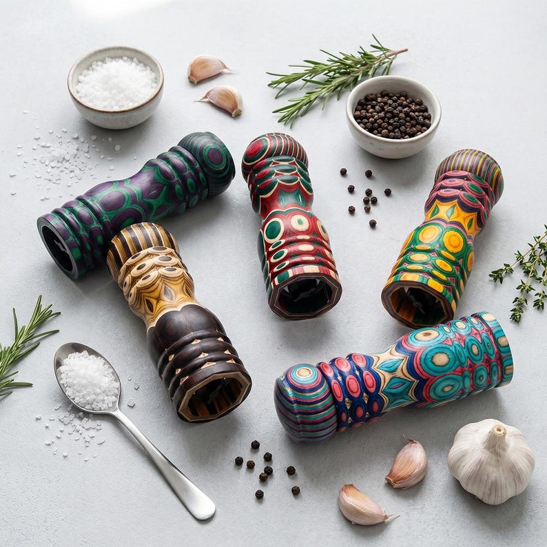 K&ouml;nnte beinhalten: Eine Sammlung farbenfroher Pfefferm&uuml;hlen aus Holz mit aufwendigen Designs. Die M&uuml;hlen sind in Gr&uuml;n-, Rot-, Gelb- und Blaut&ouml;nen gehalten. Salz, Pfefferk&ouml;rner, Knoblauch und Kr&auml;uter sind um die M&uuml;hlen herum angeordnet, was auf ein kulinarisches Thema hindeutet.