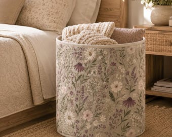 Stoffkorb im Wildblumen Design, Cottagecore-Aufbewahrung für Decken, Rustikaler Wäscheorganizer im Botanical-Stil