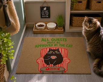 Lustige Katzen-Fußmatte – „Alle Gäste müssen von der Katze genehmigt werden“ – Retro-Design, Geschenk für Katzenliebhaber