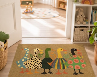 Paillasson « Oie rigolote », tapis d'entrée coloré style art populaire, paillasson fantaisie esprit ferme et cottagecore