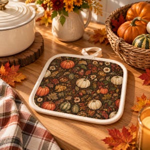 Könnte beinhalten: Ein quadratischer Topflappen aus Stoff mit dunklem Hintergrund und einem wiederkehrenden Muster aus orangefarbenen und weißen Kürbissen, Herbstblättern und kleinen Blumen. Der Topflappen hat einen dicken, cremefarbenen Rand und eine Schlaufe.