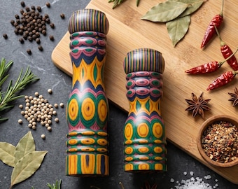 Psychedelic Woodturning Style Salt & Pepper Grinder - Artistic Wooden Pepper Mill - Mid Century Modern BBQ Salt Grinder Gift