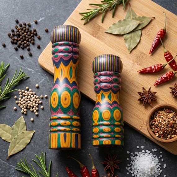 Psychedelic Woodturning Style Salt & Pepper Grinder - Artistic Wooden Pepper Mill - Mid Century Modern BBQ Salt Grinder Gift