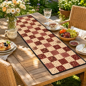 May include: A rectangular table runner featuring a patchwork design of alternating squares in deep red and cream. The pattern consists of small floral prints and checkered motifs, finished with a thin black border along the entire outer edge.