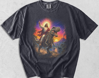 Jesus Riding a Dinosaur Tee, Atheist Meme Shirt, Offensive Humor T-Shirt, Retro Science Gift
