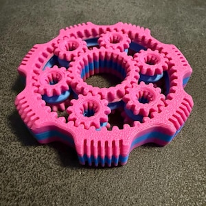 Può includere: Un gruppo di ingranaggi multistrato stampato in 3D in rosa e blu. Il design presenta un ingranaggio centrale circondato da ingranaggi più piccoli, tutti collegati all'interno di un telaio circolare più grande.
