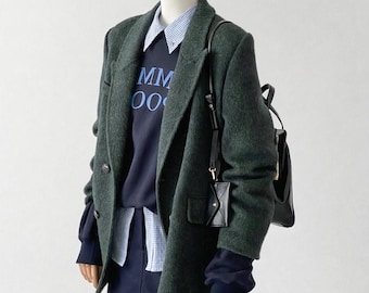 Ember 100% Wool Double-breasted Classic Blazer - Dark Green,  Handmade Wool Double-faced Coat, Winter Outwear