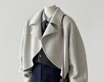 Cropped 100% Wool Jacket for Women – Unique Cut Textured Floral Wool Coat, Handmade Winter Outerwear