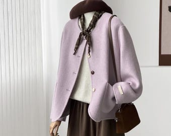 Cozy Lysa Wool Cashmere Blended Short Wool Jacket Lavender – Soft Natural Fabric Coat, Spring outwear, wool cardigan