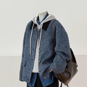 Chaqueta de lana suave y acogedora, hecha a mano, de tejido natural suave, prenda de abrigo de invierno - Chaqueta tipo camisa de lana color pizarra
