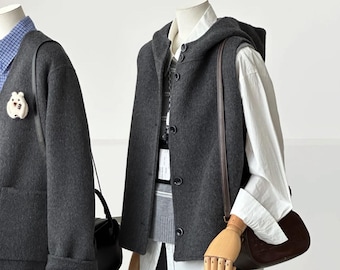 Wool Vest or Collarless Wool Jacket, Hooded Wool Vest, Minimal Wool Outerwear, Brown or Charcoal, Natural Wool Jacket - Dualis