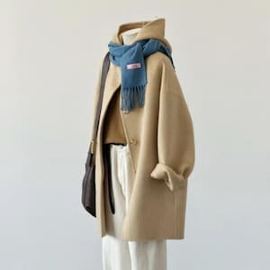 Sera Mid-Length Hooded Wool Jacket - Mustard, Handmade 100% Wool Double-faced