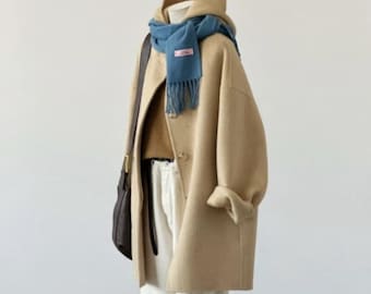 Sera Mid-Length Hooded Wool Jacket - Mustard, Handmade 100% Wool Double-faced