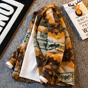 Retro Tapestry Shirt Jacket, Oversized Tribal Ethnic Button Up, Vintage Aztec Western Pattern Shirt, Unisex Boho Jacket - Sunset