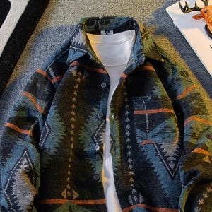 Ocean Retro Jacquard Tapestry Shirt Jacket, Aztec Shirt Jacket, Tribal Pattern Shacket, Boho Western Overshirt, Statement Ethnic Jacket