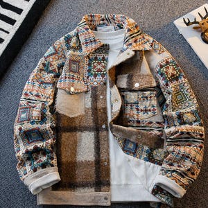 Veste chemise en patchwork faite main, chemise oversize en tissu mélangé, veste jacquard décontractée unisexe, chemise tendance vintage - nomade
