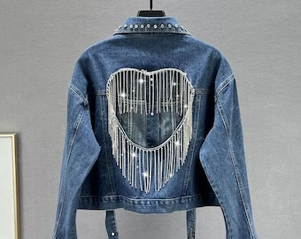 Open Heart Back Women's Denim Jacket, Handmade Beaded Rework Denim Jacket with Cut-Out Heart and Fringe Back