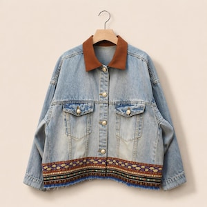 Boho Embroidered Trim Denim Jacket, Vintage Style Cropped Jean Jacket, Ethnic Ribbon Patchwork Denim Coat
