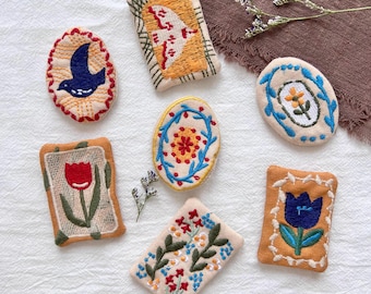Vintage Embroidered Folk Floral Brooch | Textile Fabric Pin | Scandinavian Style Botanical Badge | Handmade Accessory
