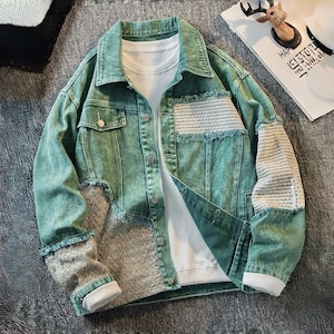 Patchwork Denim Jacket, Green Oversized Mixed Fabric Shacket, Unisex  Casual Statement Coat, Spring Fall Outerwear