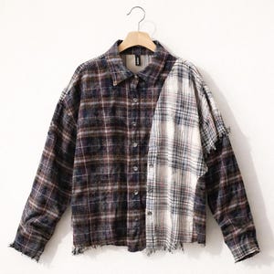 Patchwork Plaid Shirt Jacket, Reworked Flannel Shirt, Handmade Raw Edge Plaid Jacket, Oversized Vintage Style Button Up Shirt