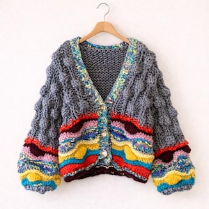 Cardigan patchwork en grosse maille fait main, pull carré grand-mère coloré, cardigan bohème oversize au crochet, veste ample en tricot