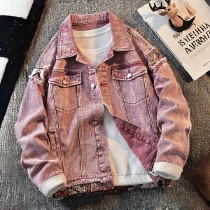 Patchwork Denim Jacket, Red Rust Oversized Mixed Fabric Shacket, Unisex Casual Jacquard Jacket, Vintage Style Statement Shirt- Nomad